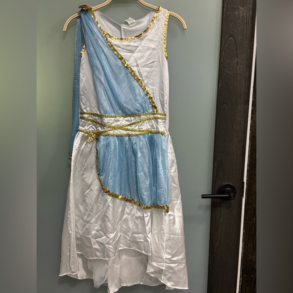 White and Blue greek goddess costume with Gold leaves and Accents - girls XL